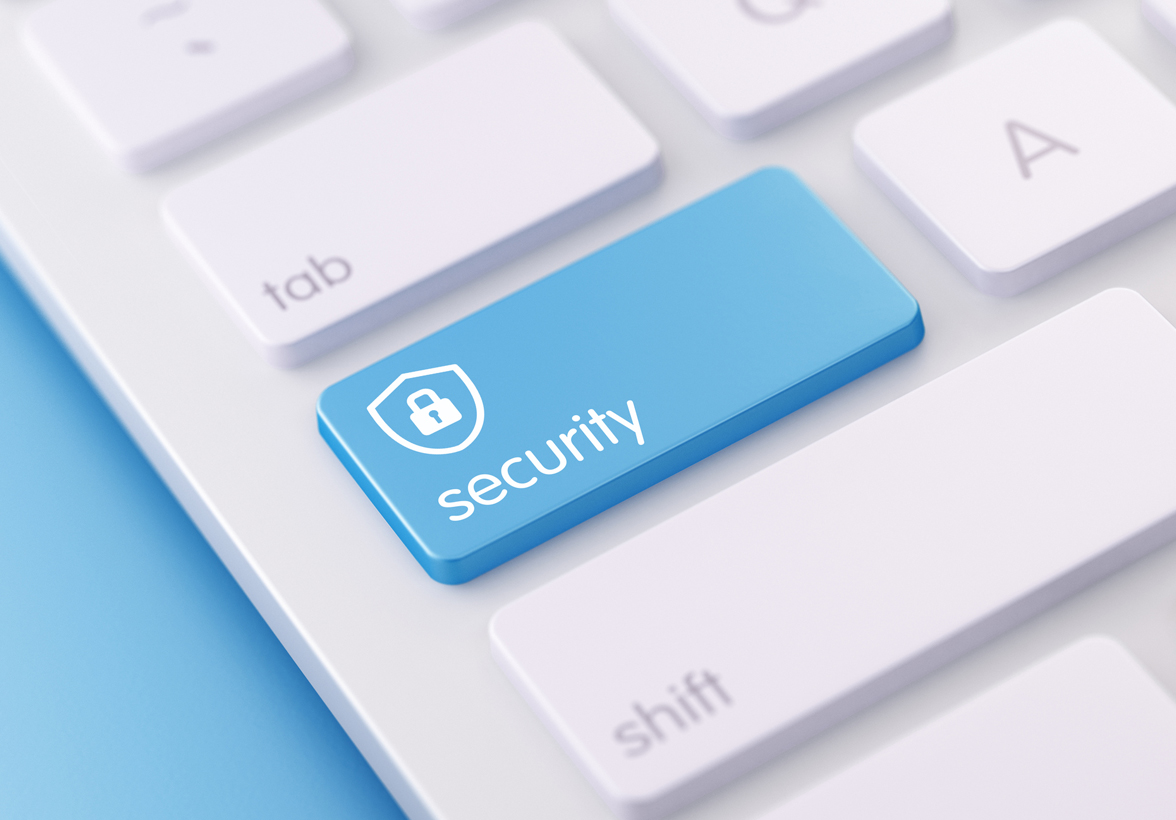 Blue security button on computer keyboard