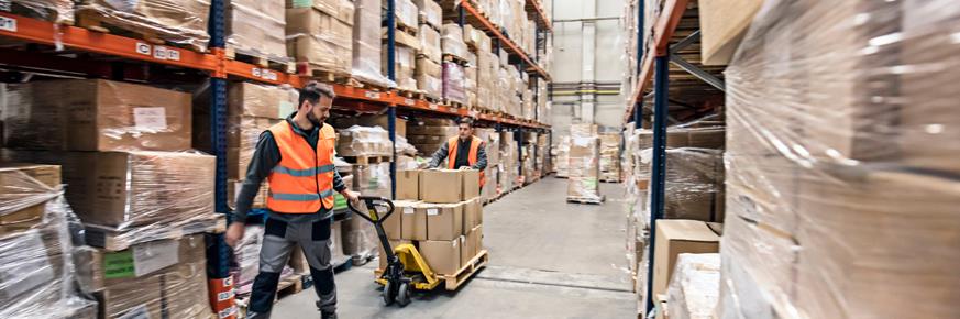 A shipping professional moving packaged products