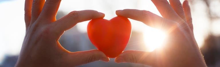 A person holding a heart in front of the sun