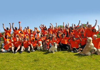 A large group of volunteers at a charity event