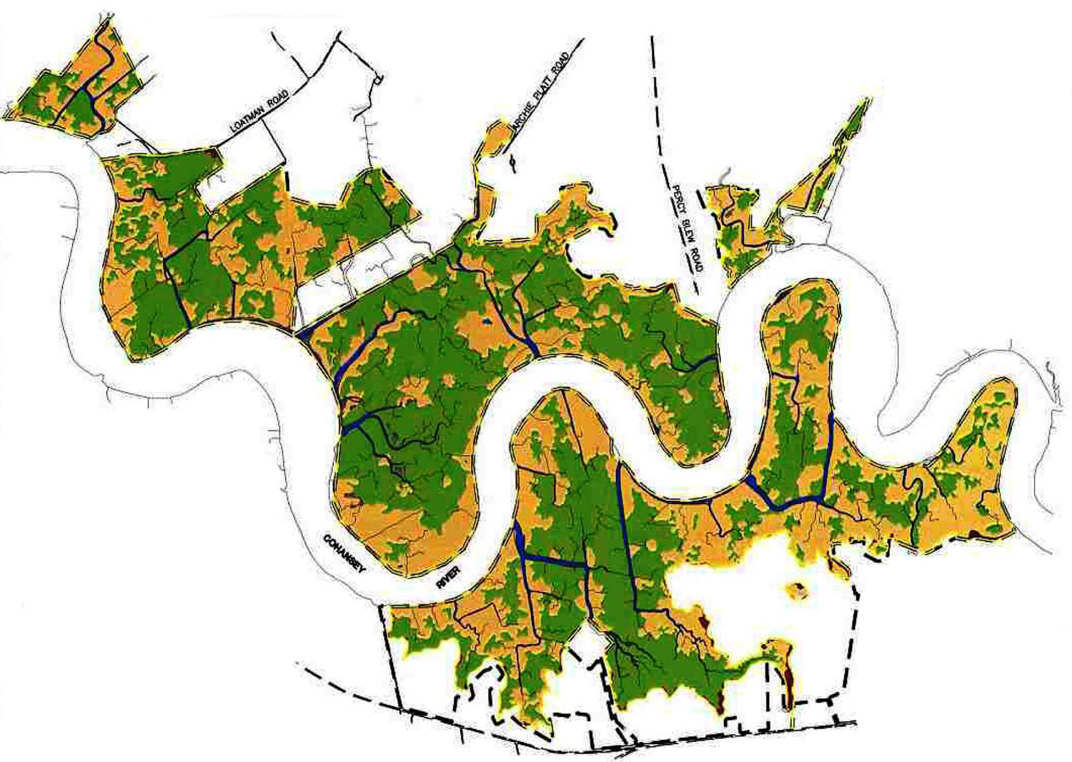 1996 vegetation map showing both Phragmites and Spartina vegetation across the Cohansey River Watershed Wetland Restoration Site before restoration.