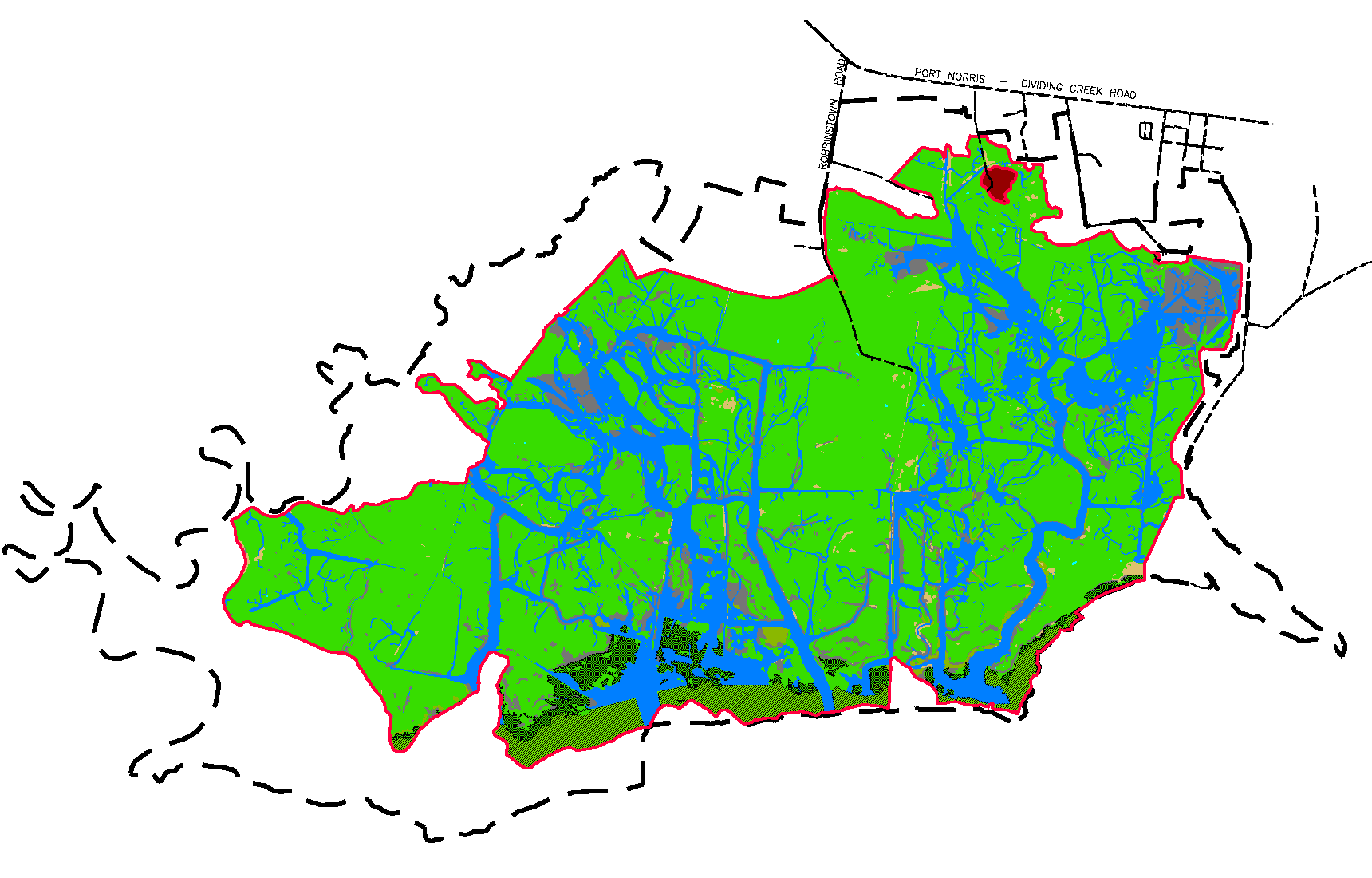 2024 vegetation map showing Spartina marsh vegetation dominating the Commercial Township Salt Hay Farm Wetland Restoration Site after restoration.