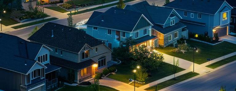 A neighborhood of residential homes is shown, with their lights powered on at night.